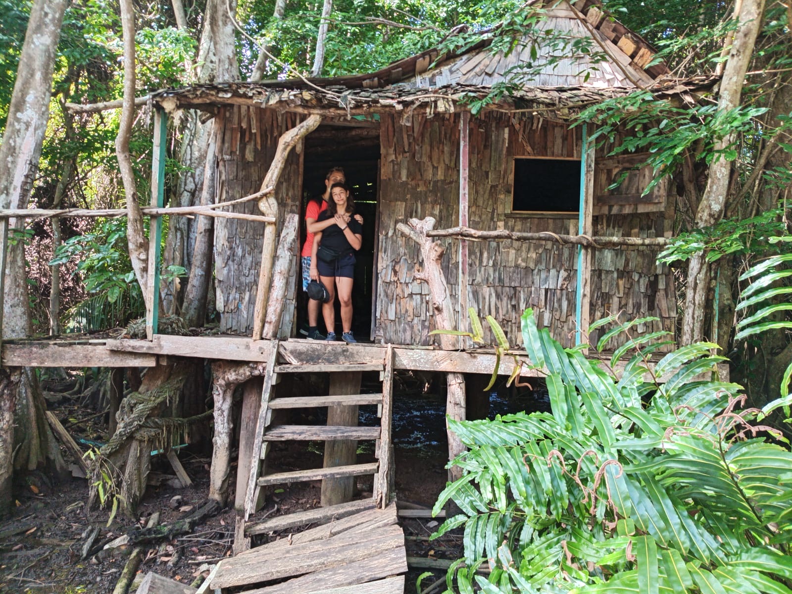 Roy's wooden hut tucked into the green